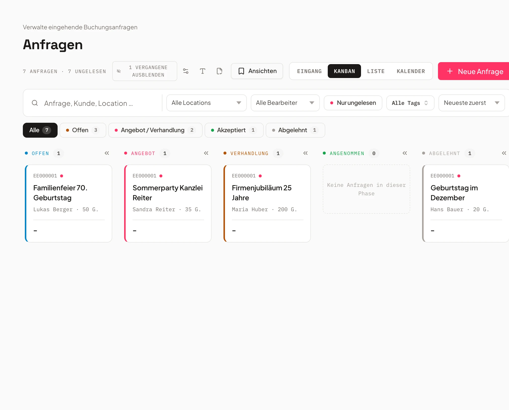 Anfragen-Pipeline in Univents als Kanban-Board nach Status