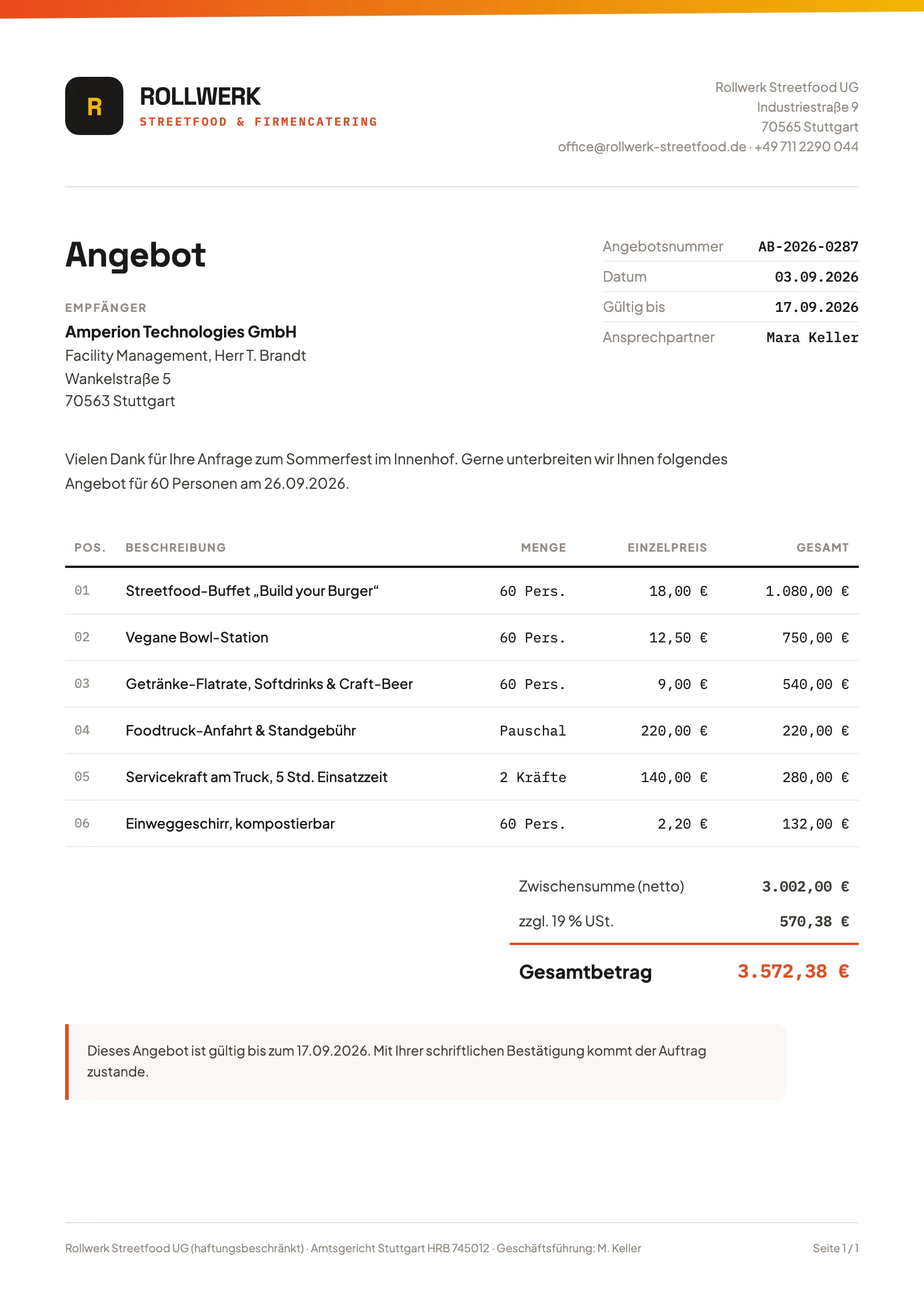 Angebotsdokument für ein Firmenevent mit Positionen und Summenblock im individuellen Marken-Design eines Foodtrucks