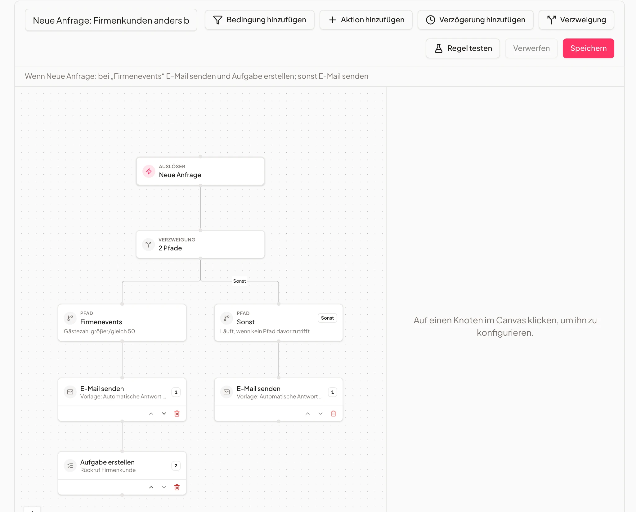 Automation canvas with trigger, branch and two paths