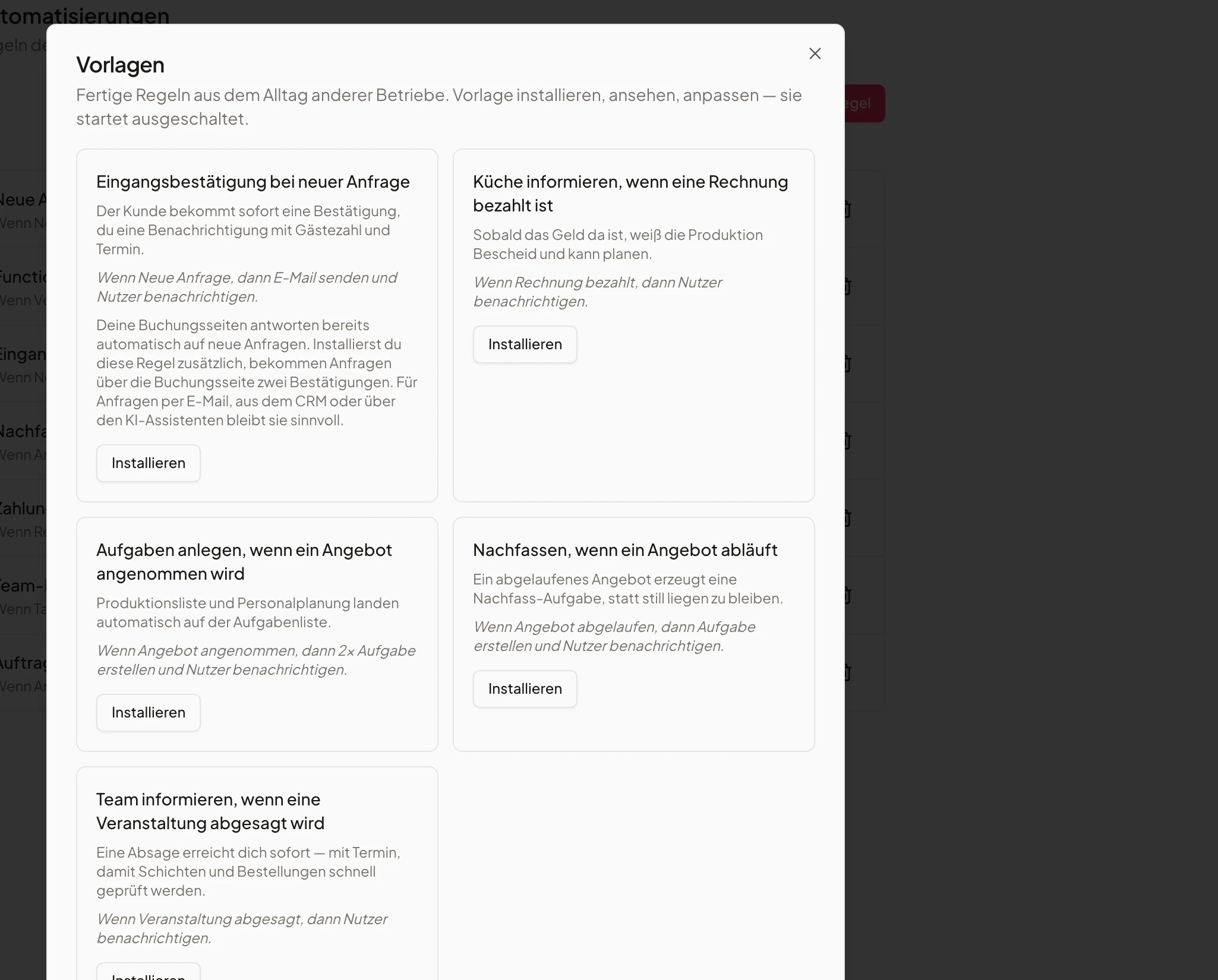 Template gallery with ready-made automation rules