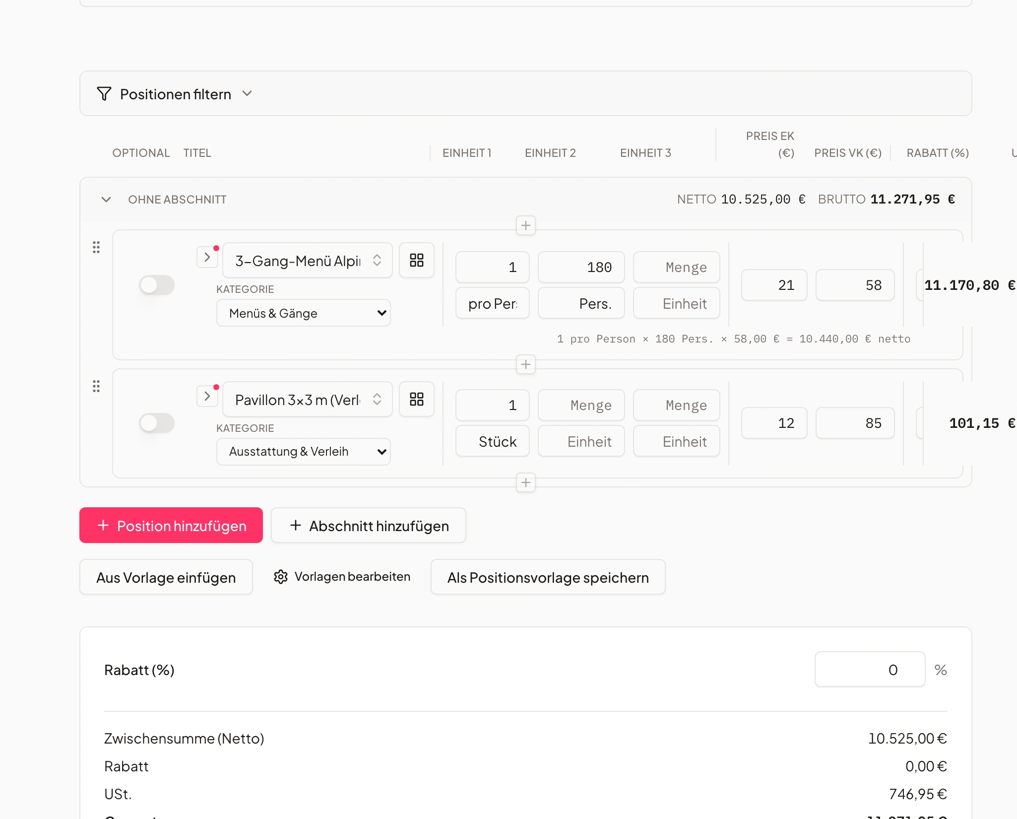 Quote editor in Univents with line items, quantity logic, cost and sales price