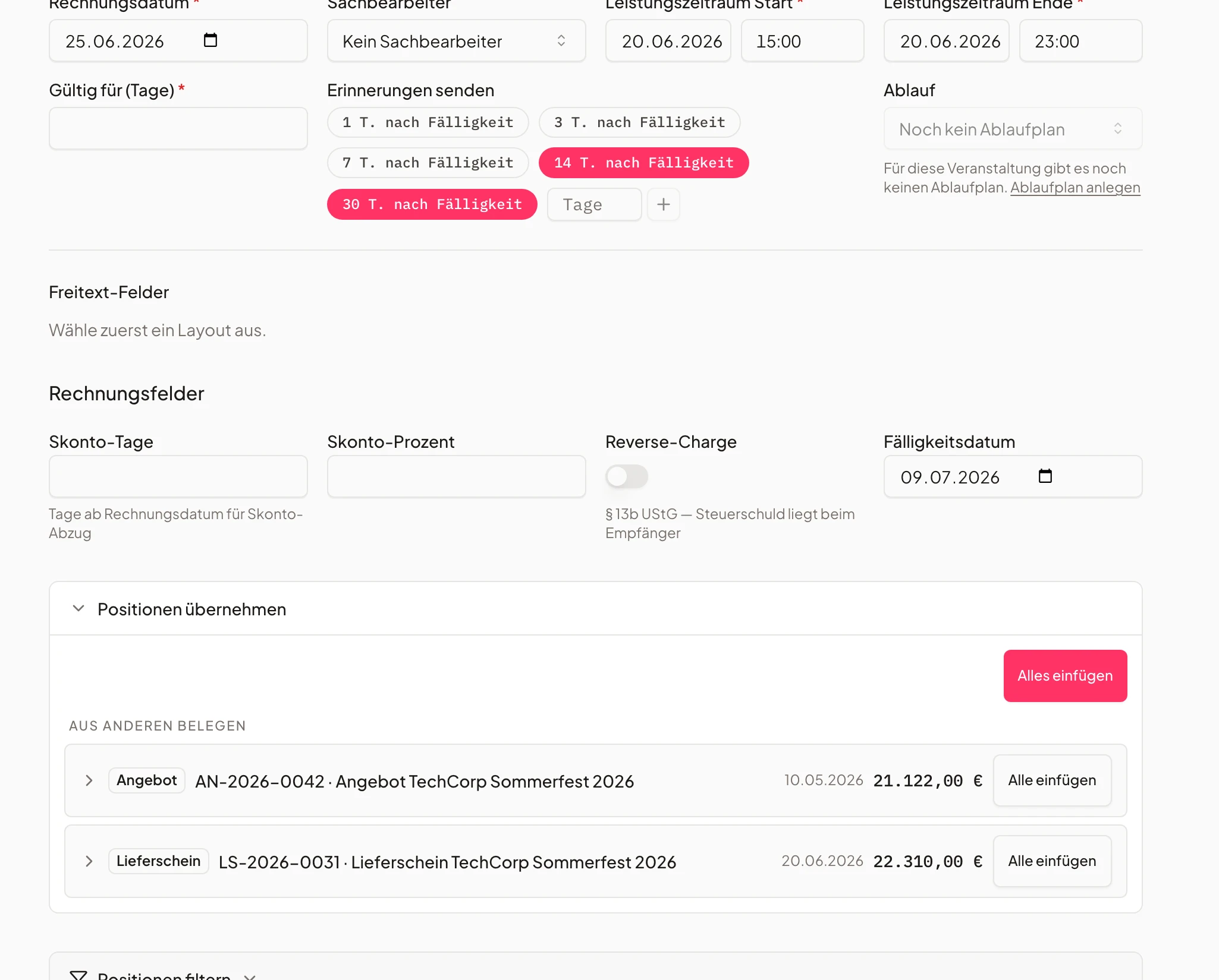 Automatische Zahlungserinnerungen nach Fälligkeit im Belegkopf von Univents konfigurieren