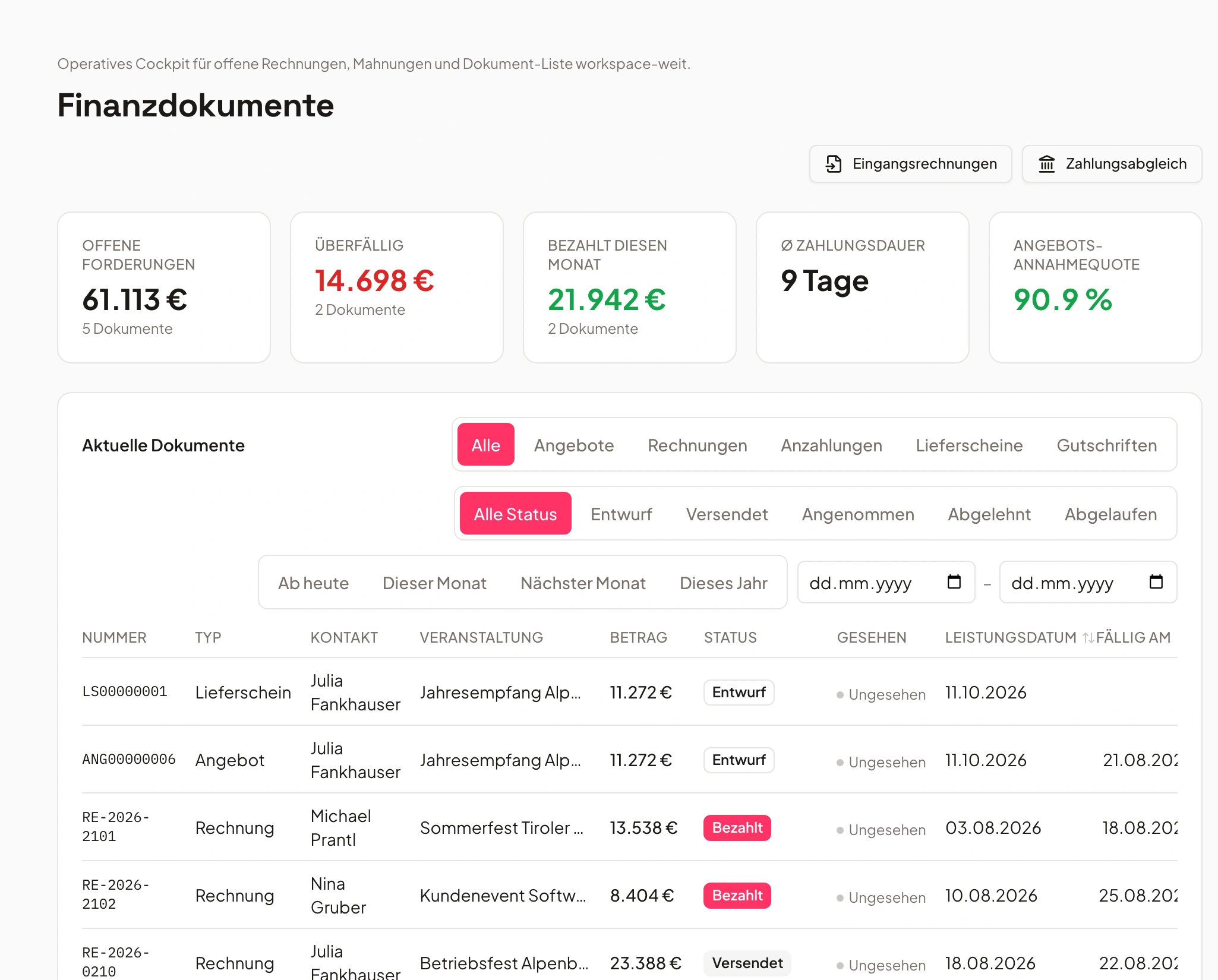Overview of all quotes, invoices and delivery notes in Univents
