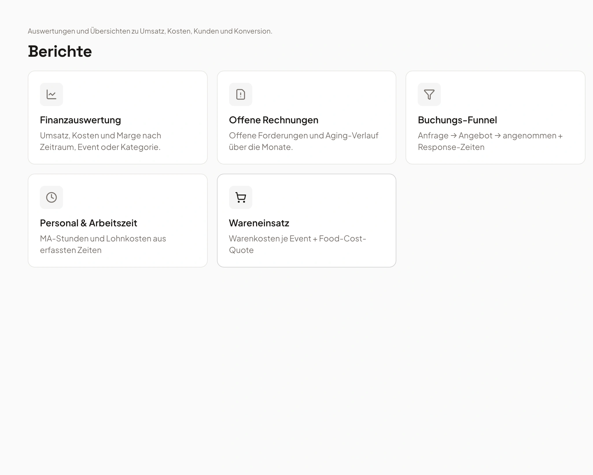 Berichtsübersicht in Univents: Finanzauswertung, offene Rechnungen, Buchungs-Funnel
