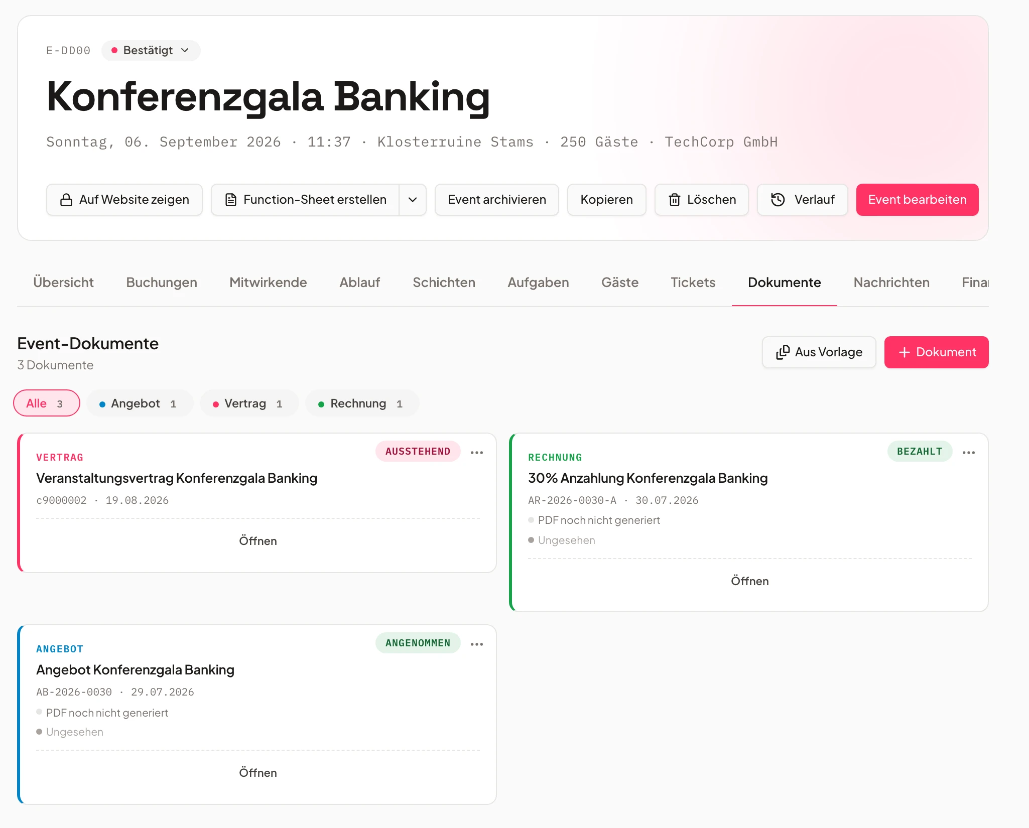 Documents of an event in Univents with send and payment status per record