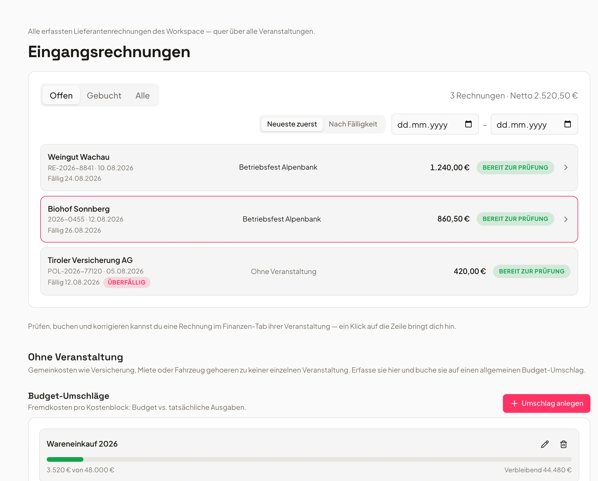 Eingangsrechnungen mit Fälligkeiten und Budget-Umschlägen in Univents