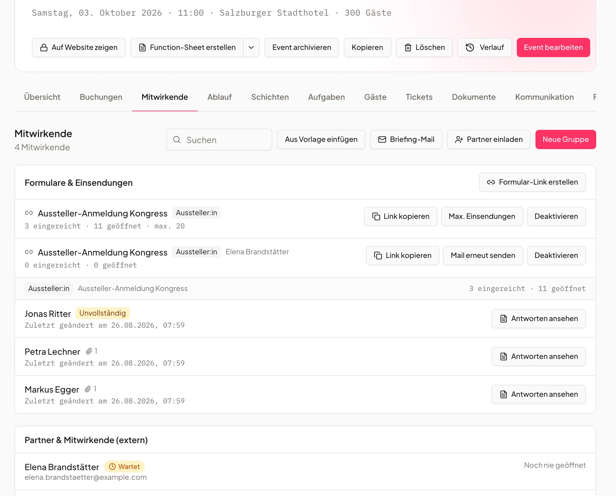 Referenten- und Ausstellerformular einer Veranstaltung in Univents mit Einsendungen