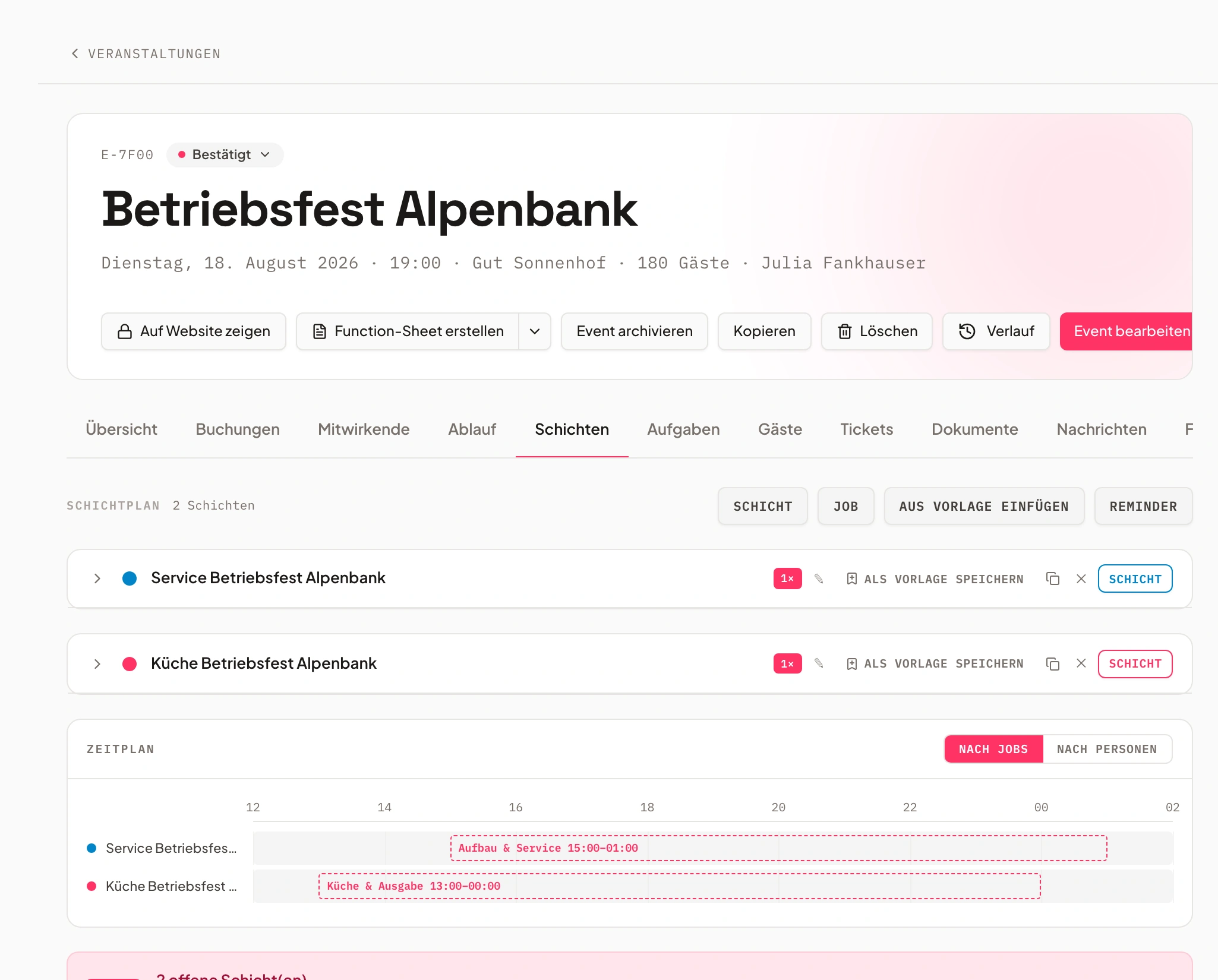 Schichtplanung einer Veranstaltung in Univents