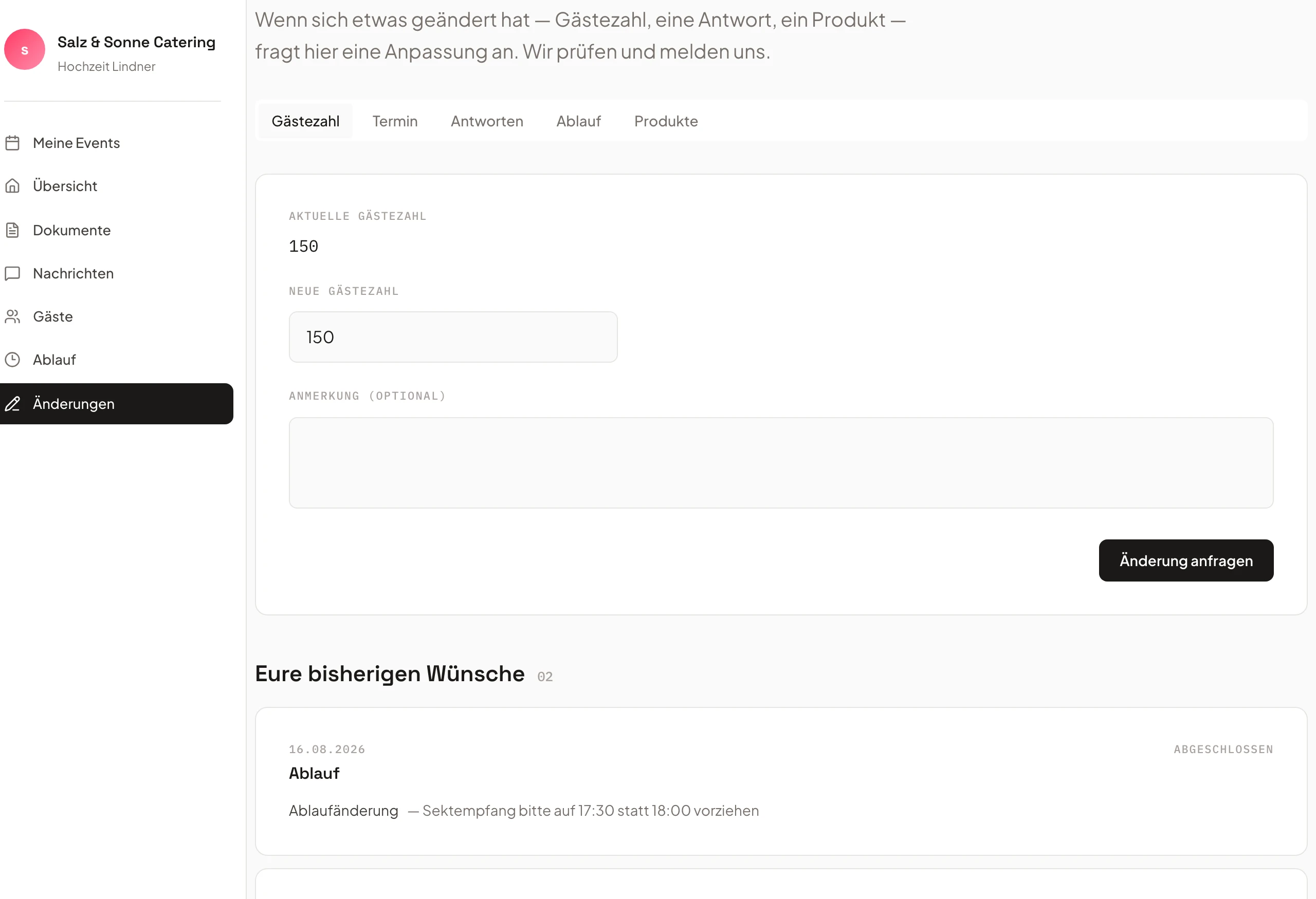 Änderungswünsche mit Status im Kundenportal (EventHub) von Univents