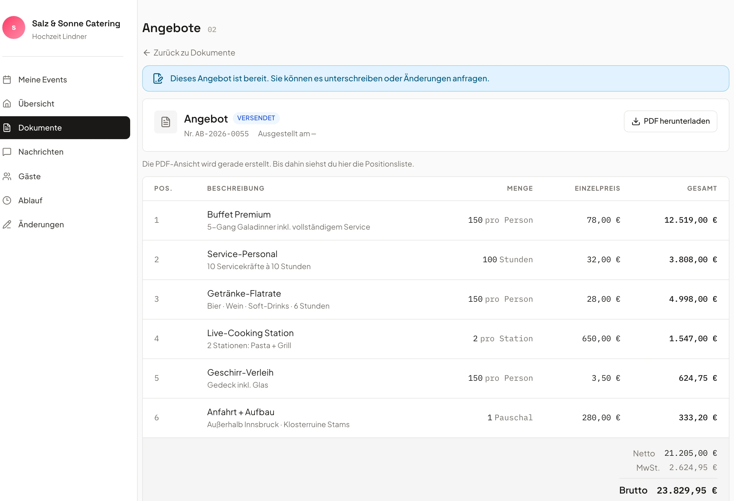 Versendetes Angebot mit Positionen und Summen im Kundenportal (EventHub) von Univents