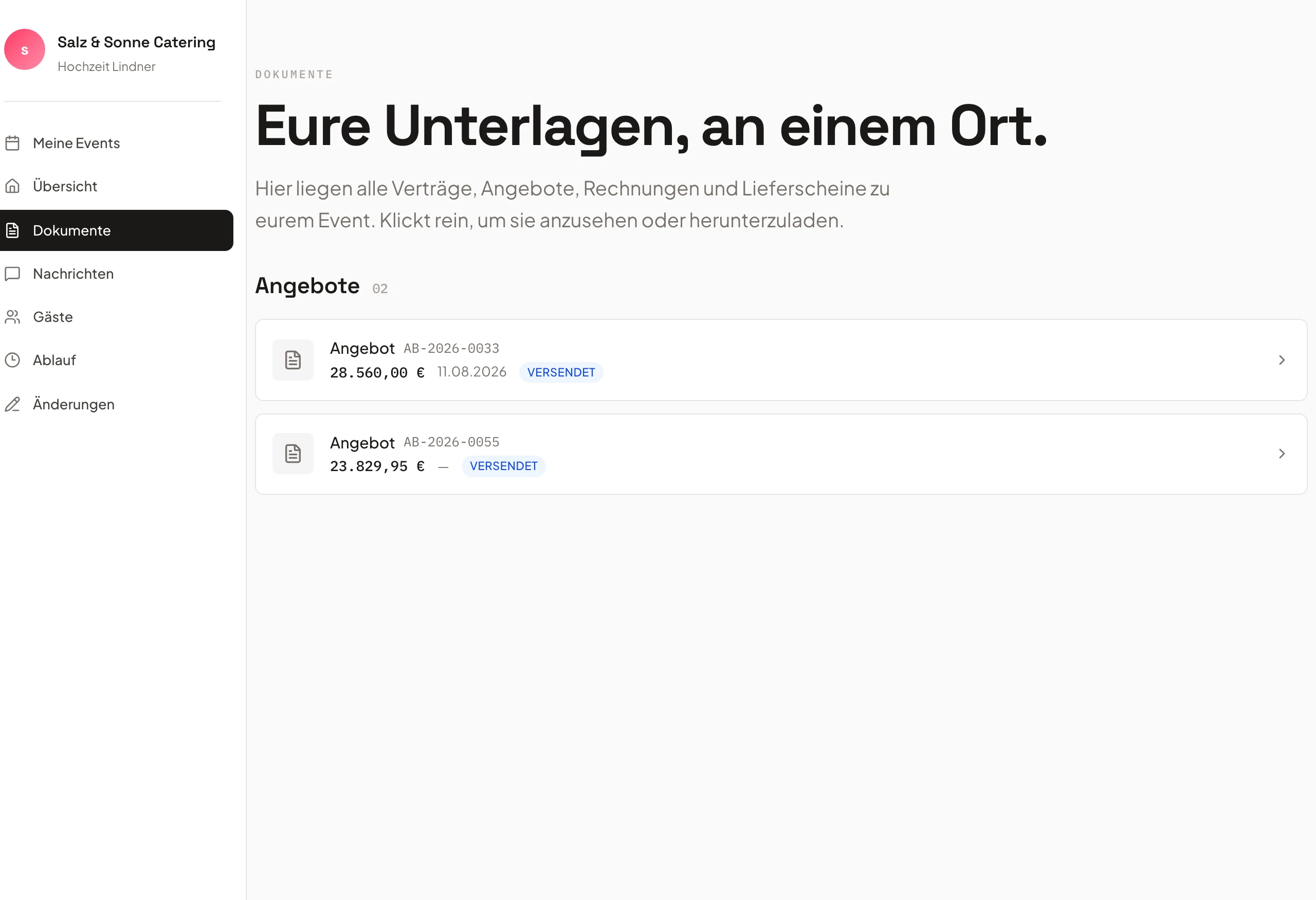 Kundenportal (EventHub) in Univents mit Dokumenten, Ablauf und Nachrichten