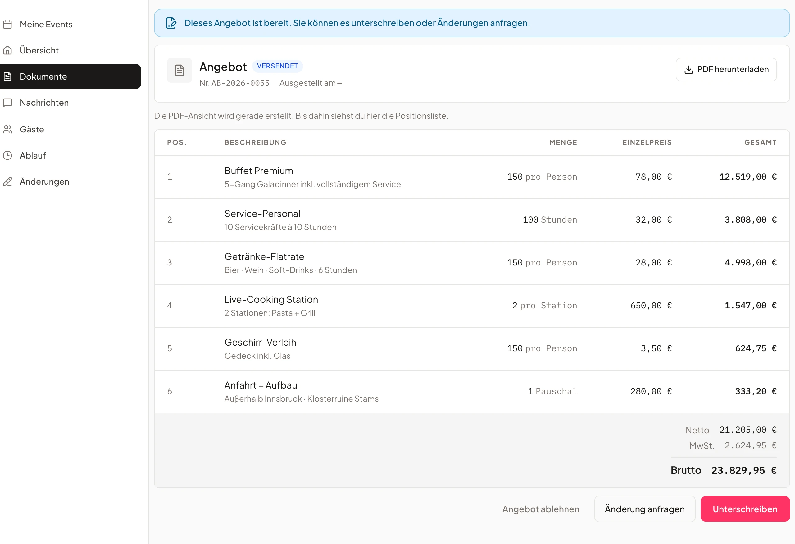 Accepting and signing a quote digitally in the customer portal (EventHub) of Univents