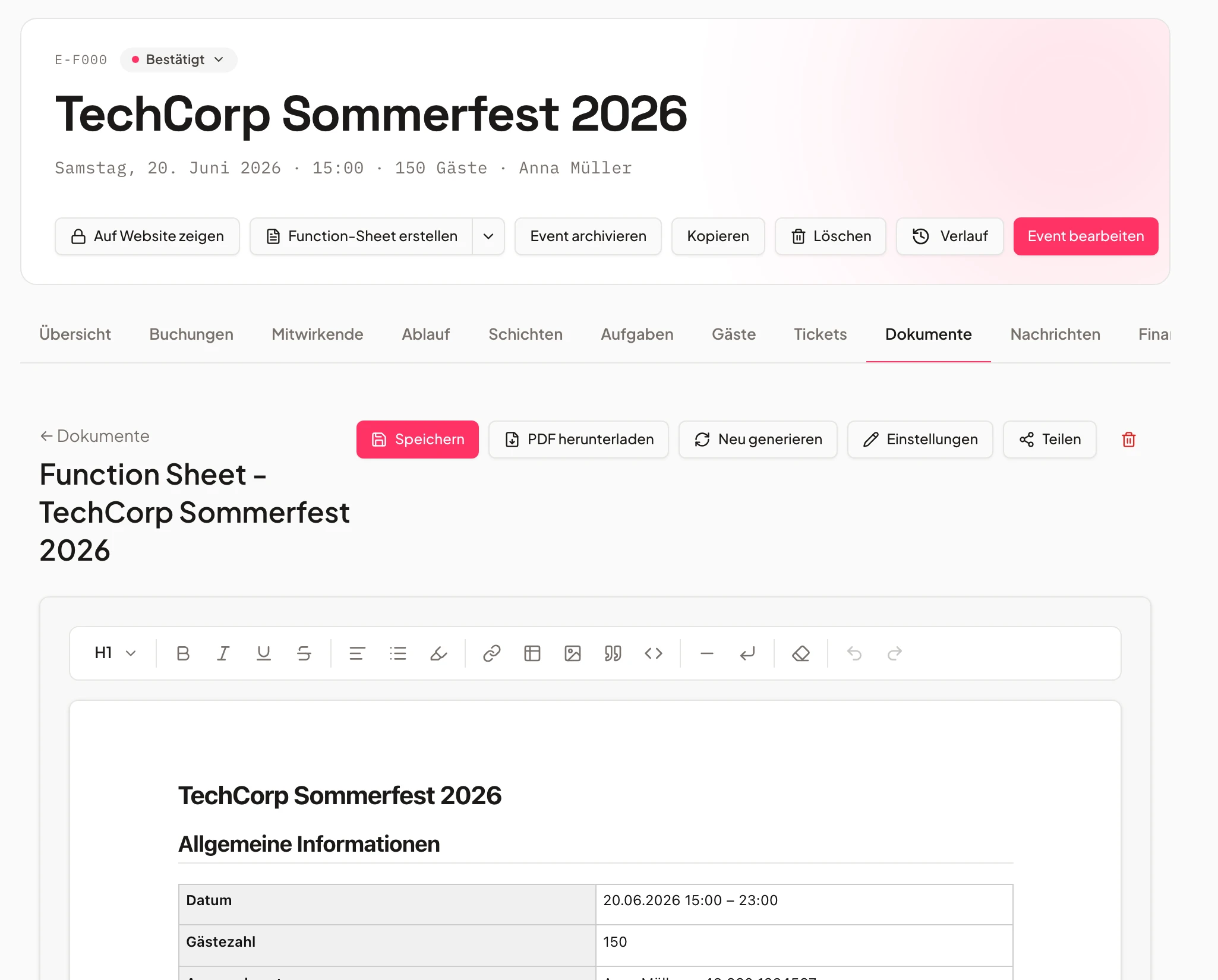 Function Sheet einer Veranstaltung in Univents