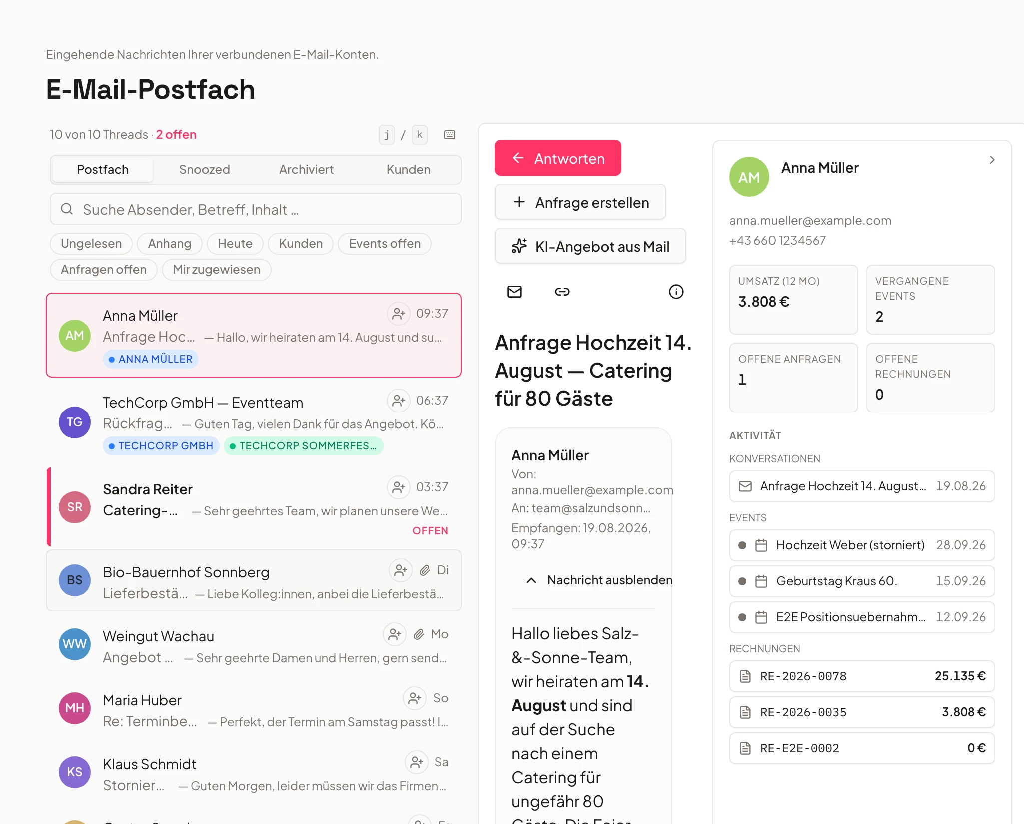 E-Mail-Postfach in Univents mit einer Nachricht, die direkt einer Veranstaltung zugeordnet ist