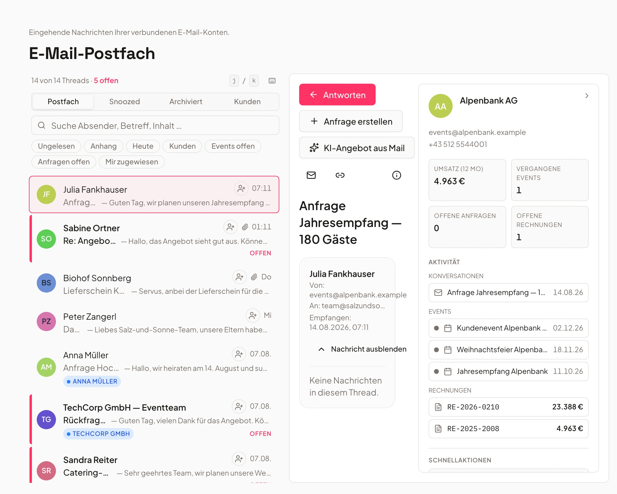 E-Mail-Postfach in Univents, mit Veranstaltungen verknüpft
