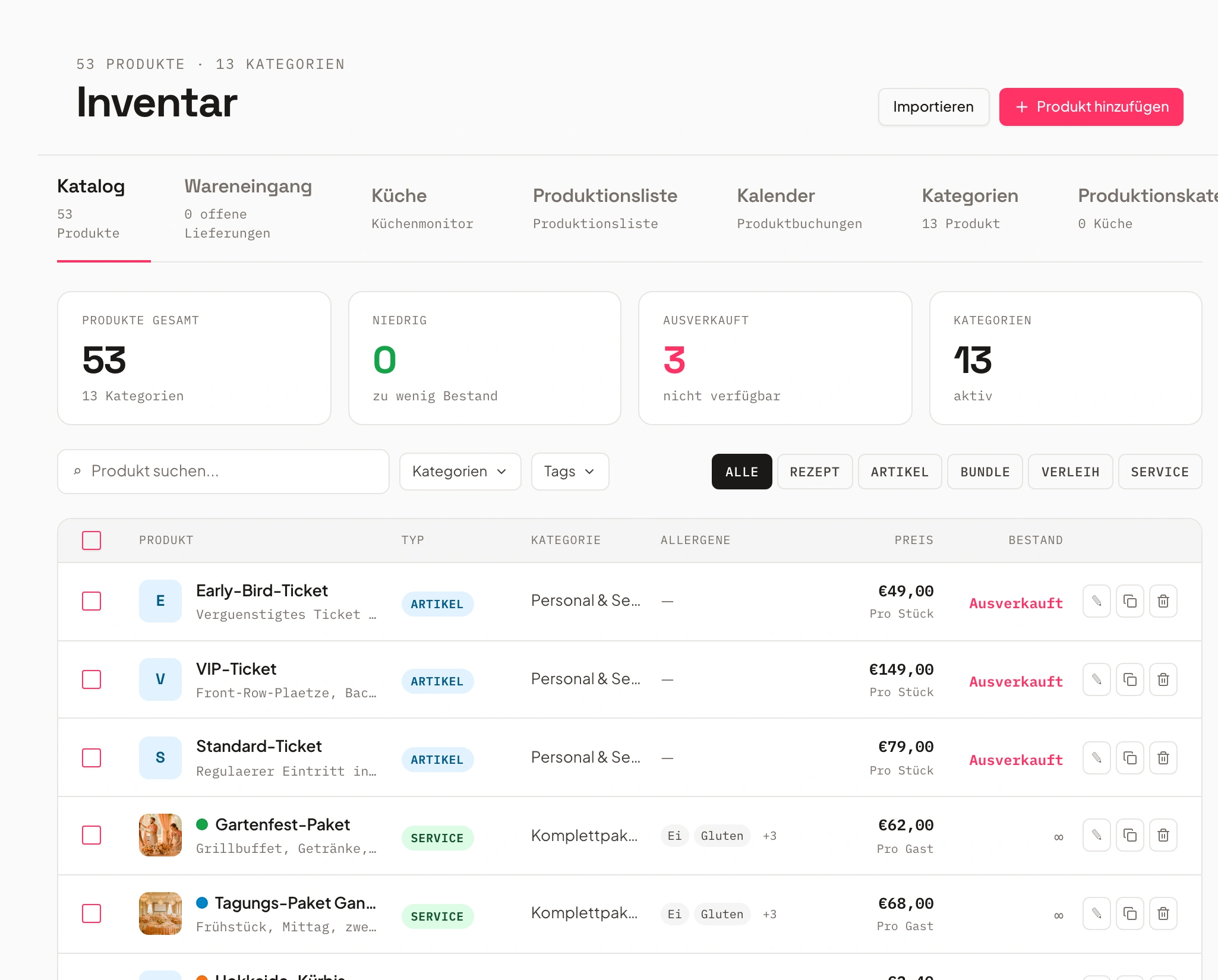 Product catalogue in Univents with prices, categories and allergens