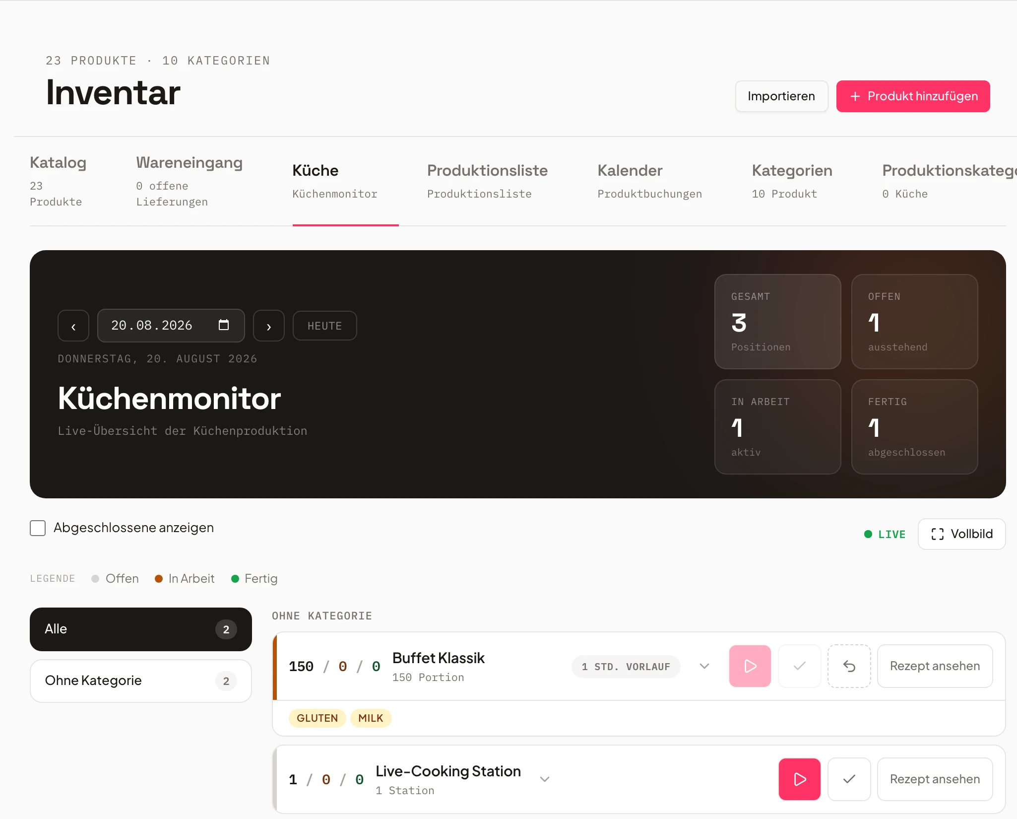 Kitchen monitor in Univents with day navigation for multi-day production