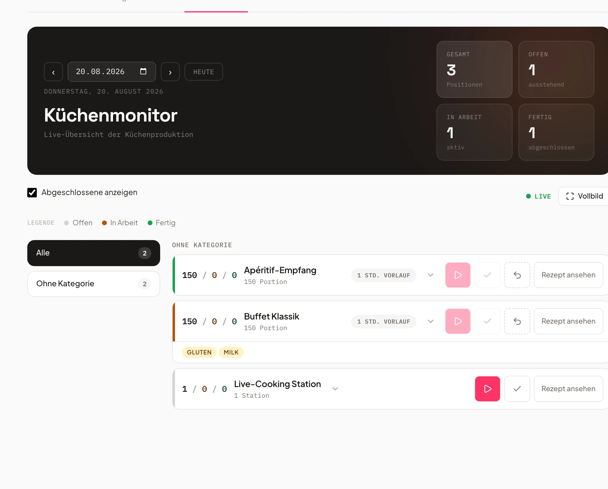 Küchenmonitor in Univents mit farbigem Live-Status je Posten
