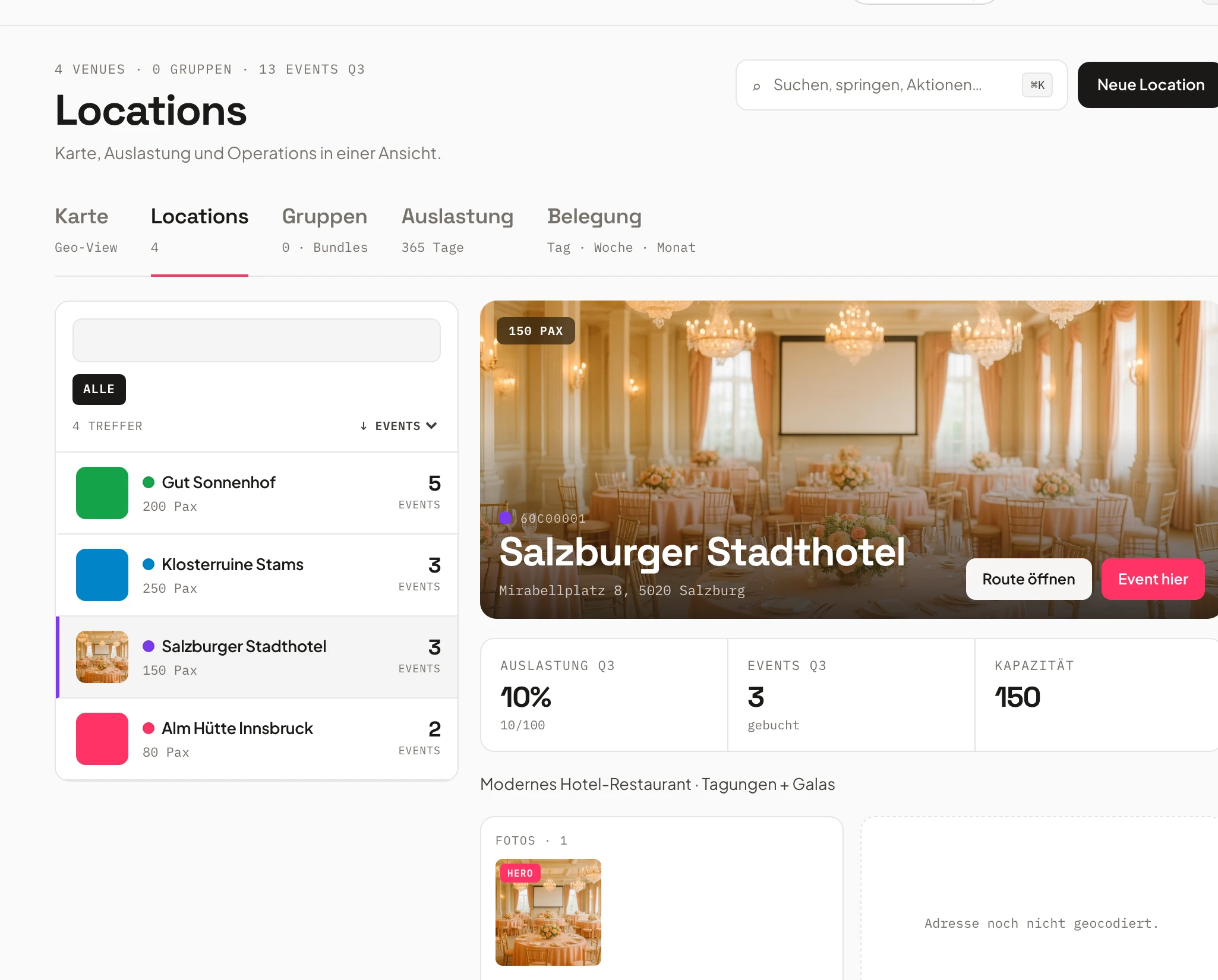 Venue management in Univents with capacity, utilisation and map
