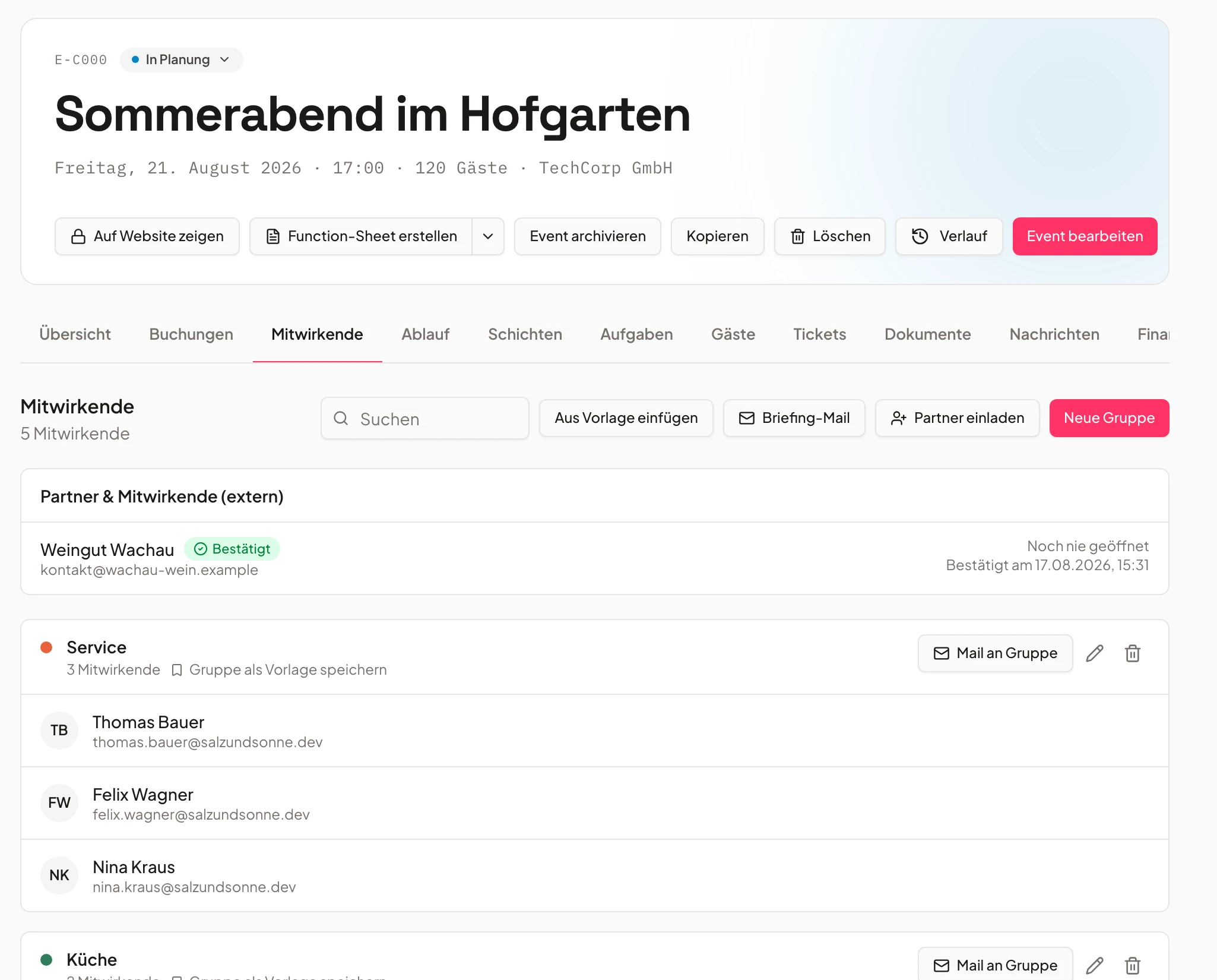 Mitwirkende-Verwaltung einer Veranstaltung in Univents mit Gruppen und externen Partnern