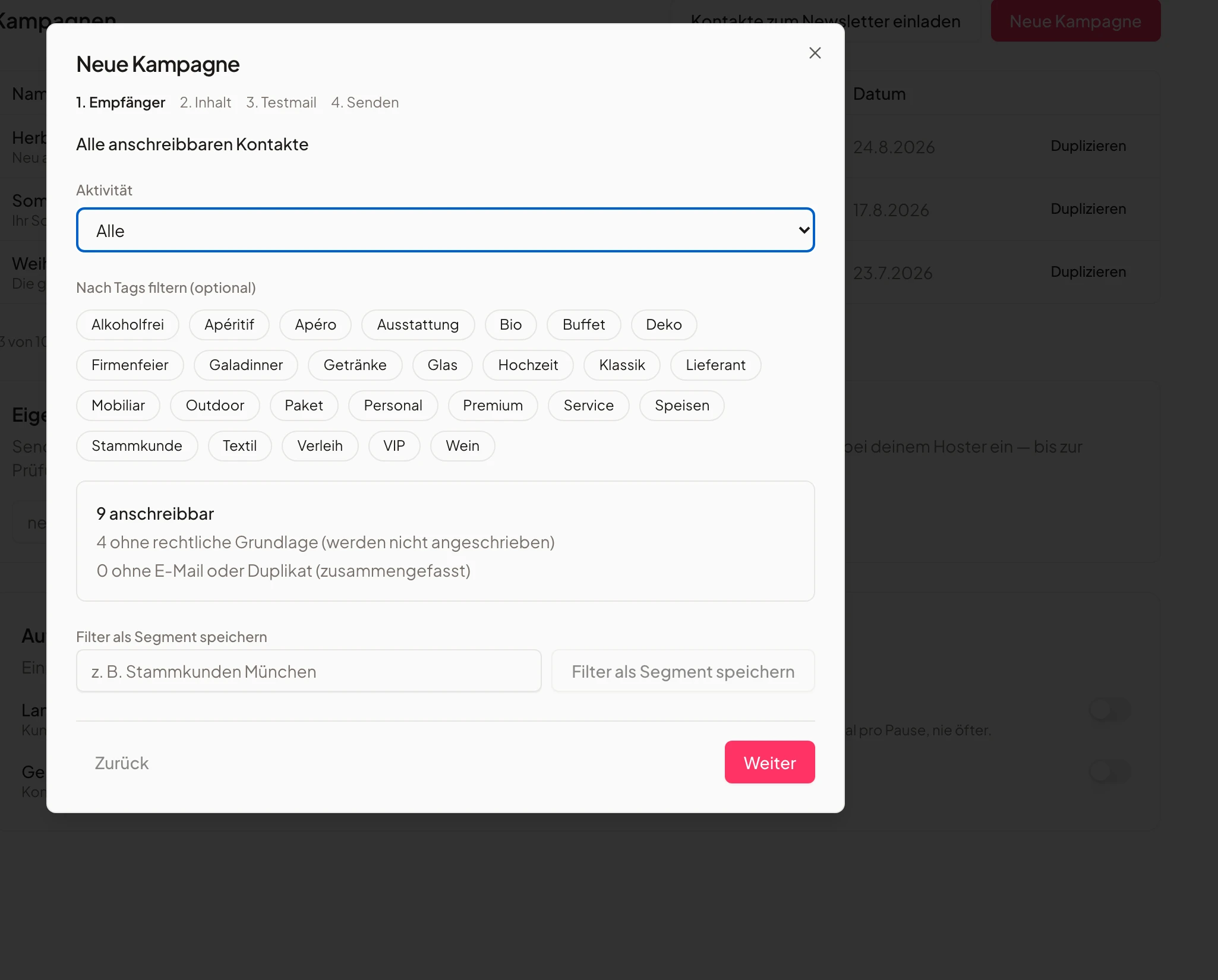Campaign wizard in Univents: recipient selection with a counter of reachable contacts