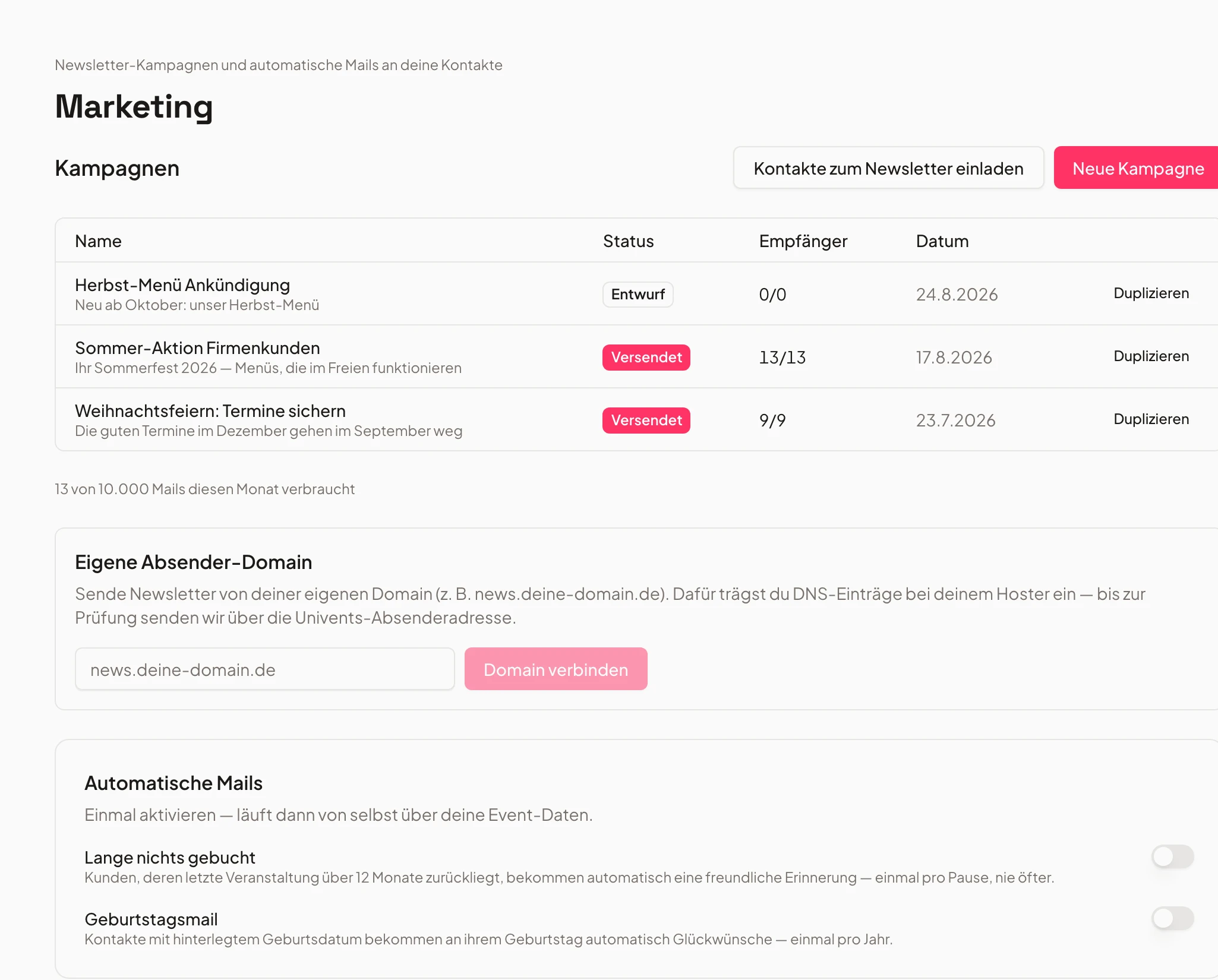 Newsletter campaign in Univents with recipient filter and a live counter of reachable contacts