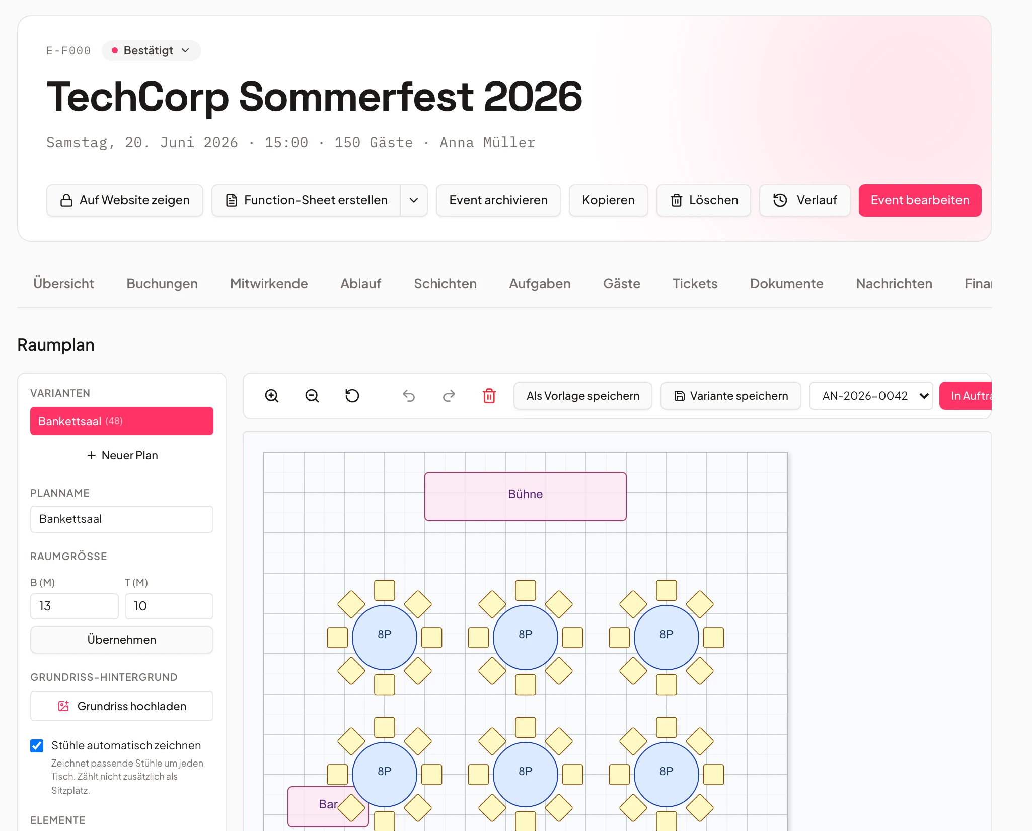 Raumplaner in Univents mit Tischen und Bestuhlung