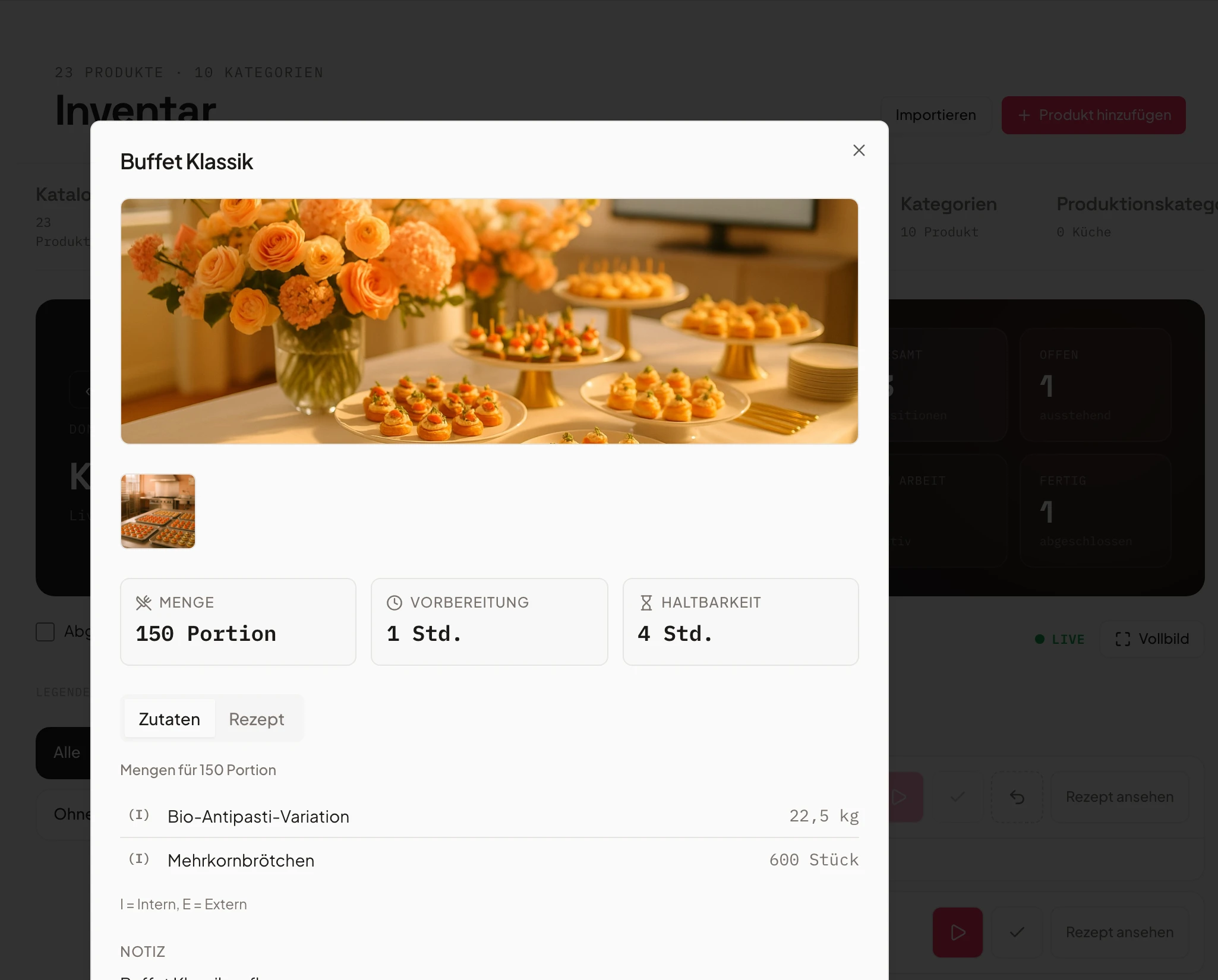 Rezept-Detail im Küchenmonitor von Univents mit Zutaten und Zubereitung