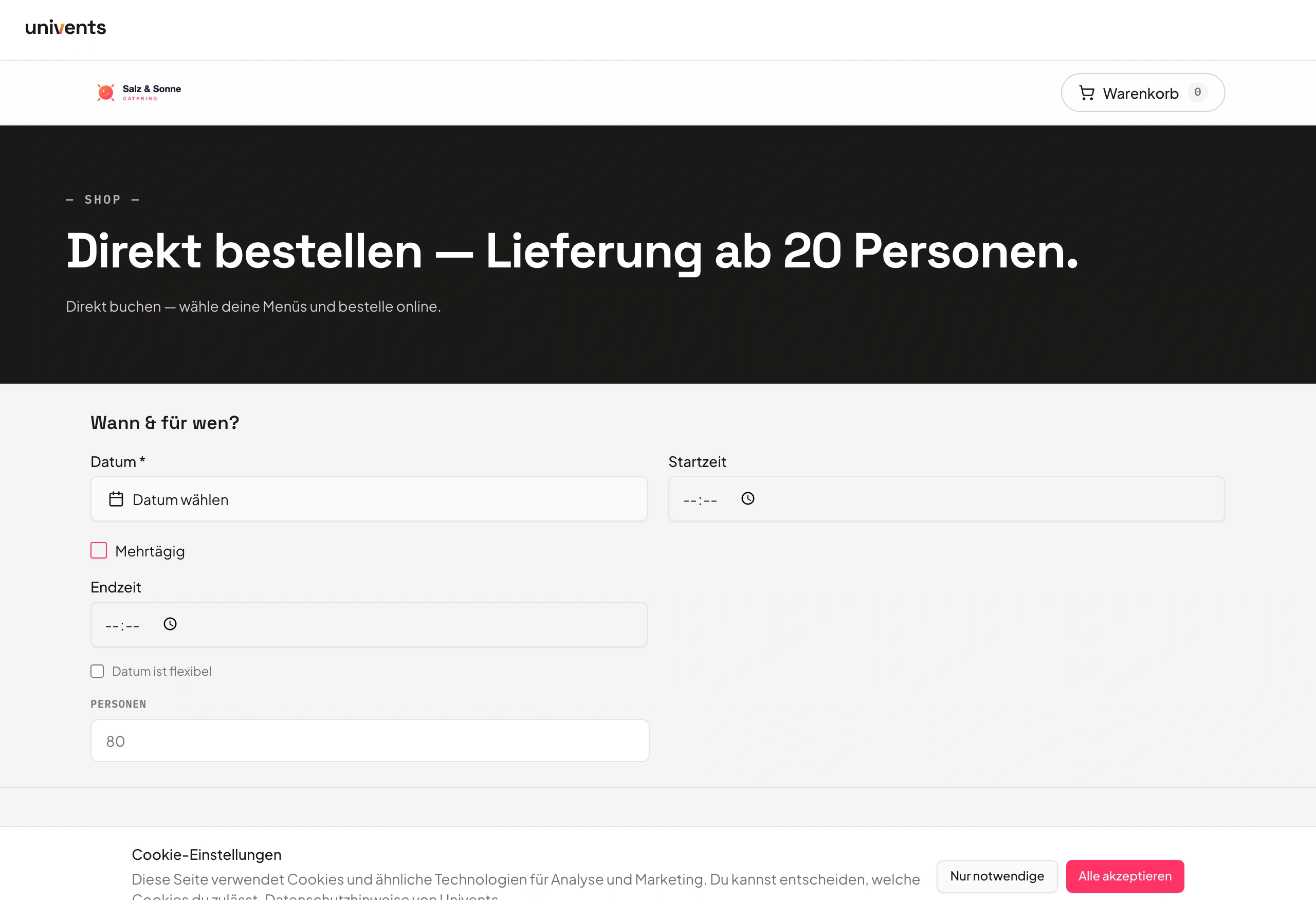 Public web shop of a caterer, built with Univents