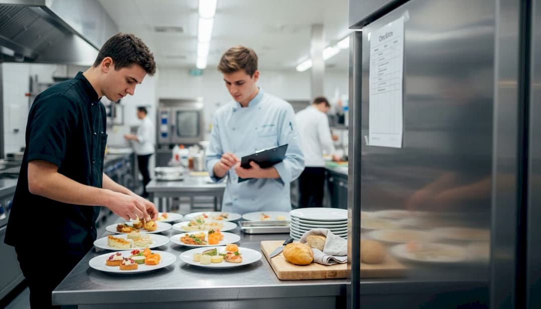 The catering team freshly prepares dishes for guests in the hotel kitchen.