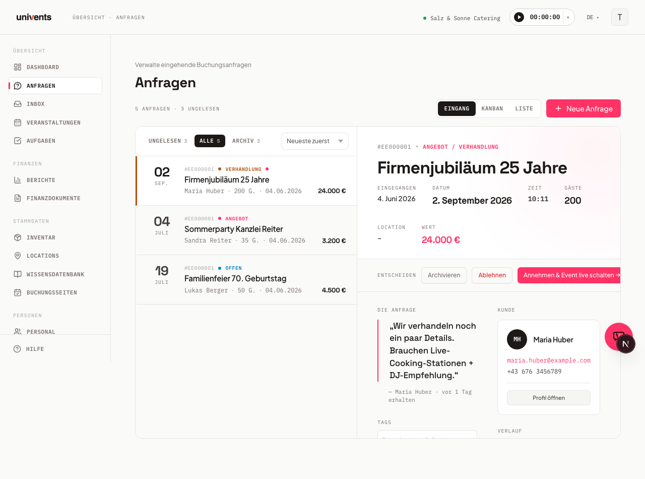 Anfragen-Eingang verwalten (Kanban & Liste)